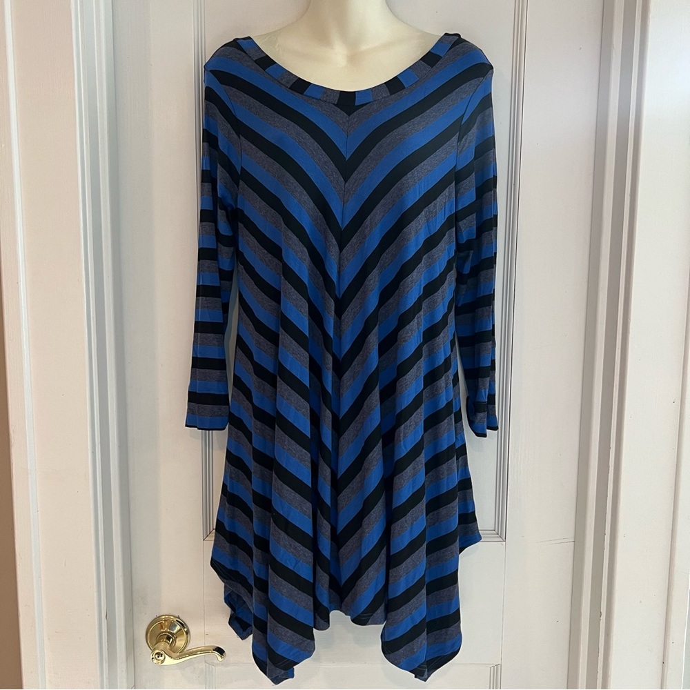 Ella Moss Dress Jersey Knit Long Sleeve Above Knee Blue Striped Dress Size Large